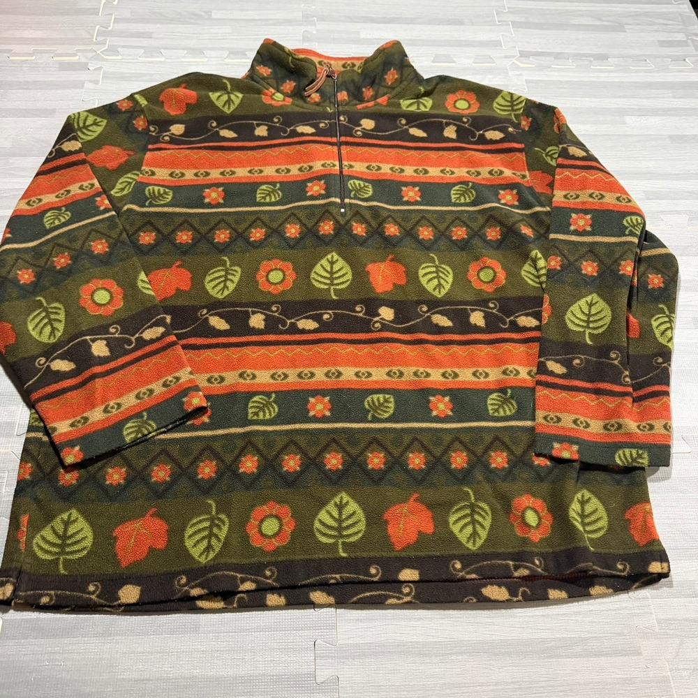 Vintage Size Large Floral Leaf Fleece Quarter Zip Pullover